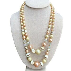 Vintage Japan Multi Strand Faux Pearl Acrylic Bead Necklace Gold Tone *READ*